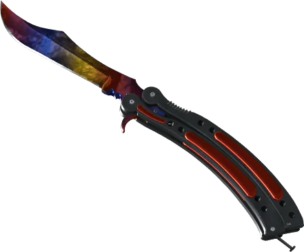 Скин Butterfly Knife Marble Fade CS2 с сине-красно-жёлтым переливом