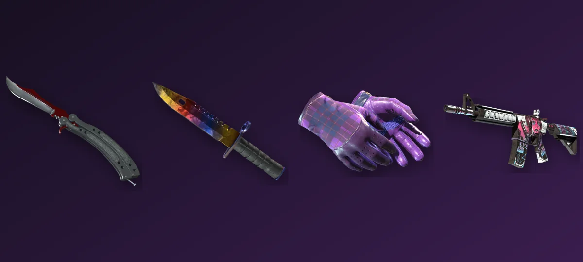 Community CS2 skins stash showcase with rifles, knives and gloves